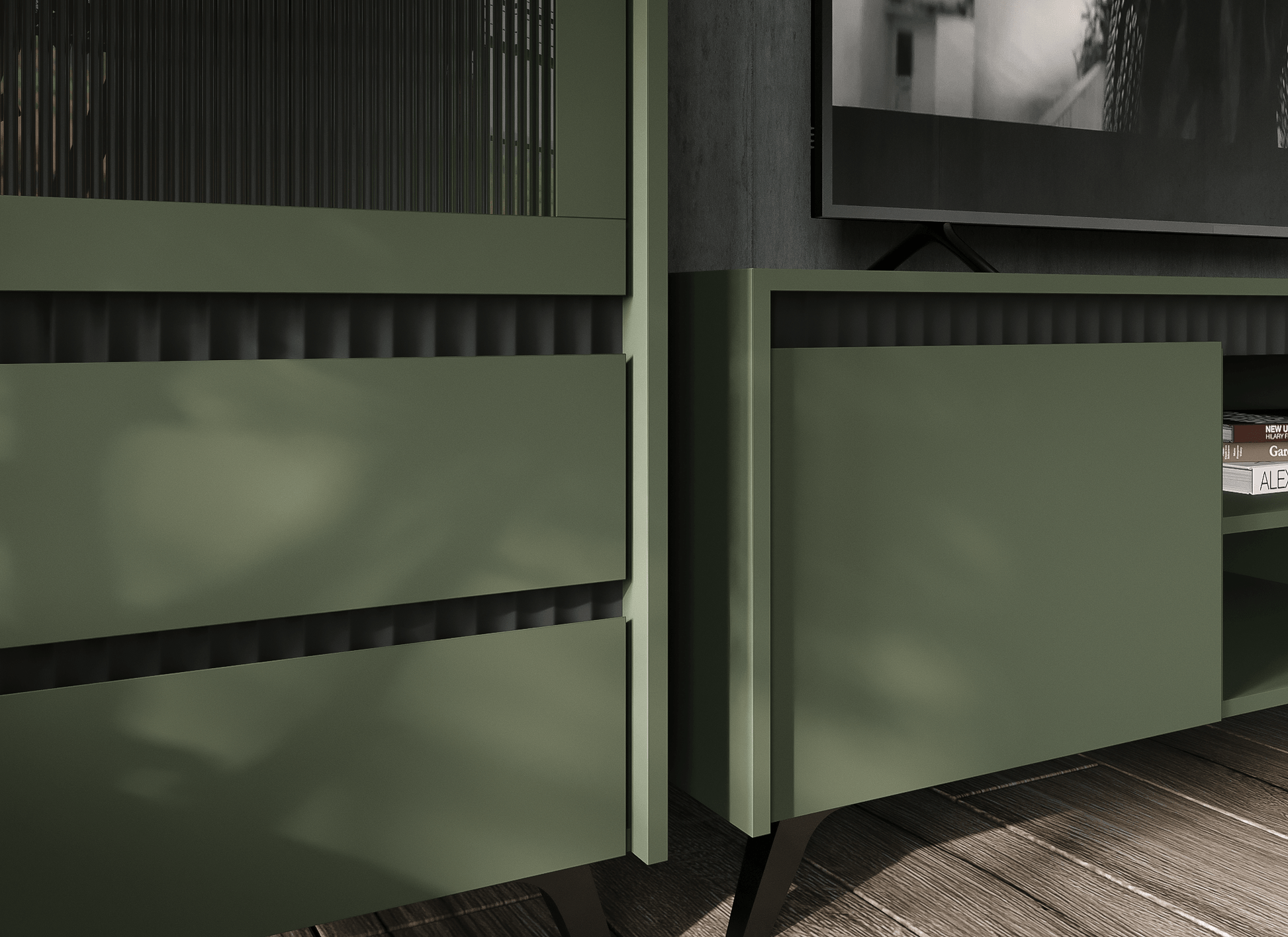 Comoda TV LOUNGE 2, verde/negru, PAL, 206x45x54 cm