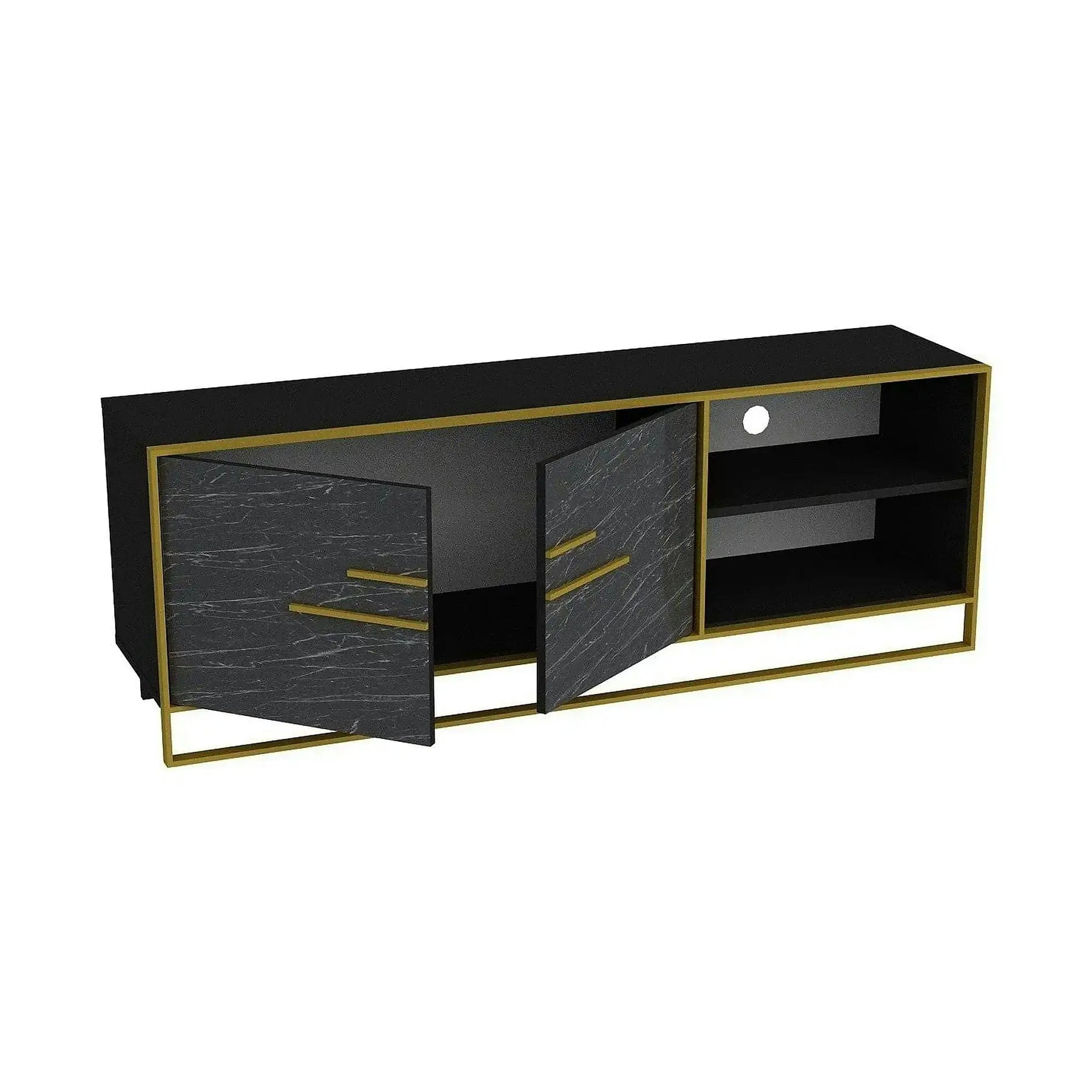 Comoda TV POLKA, PAL melaminat/metal, negru cu efect de marmura/auriu, 160×39×57 cm