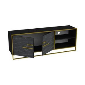 Comoda TV POLKA, PAL melaminat/metal, negru cu efect de marmura/auriu, 160×39×57 cm