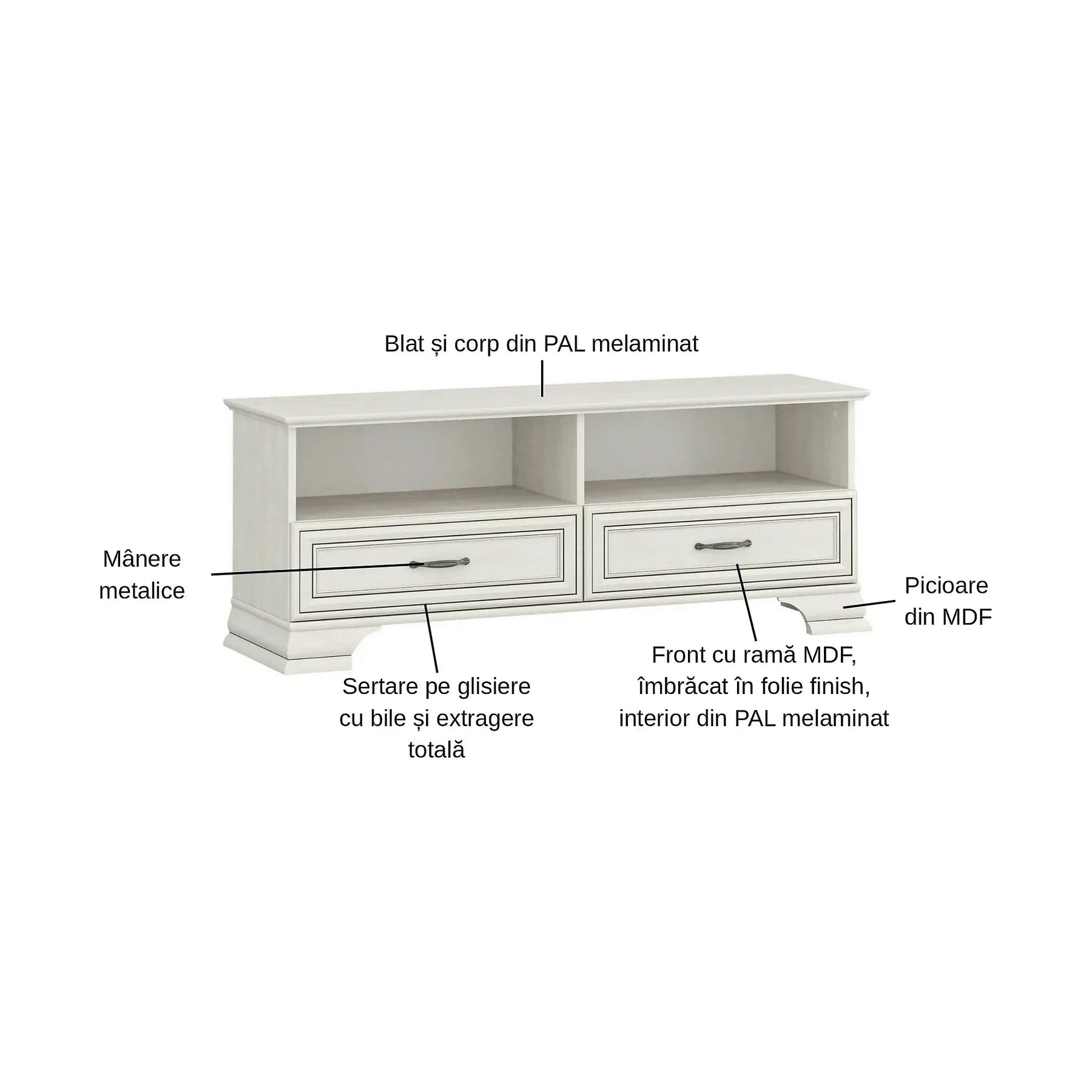 Comoda TV TIFFANY II, PAL laminat/MDF, grej, 130×37×50.4 cm