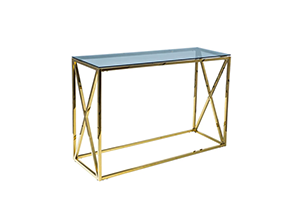 Consolă elegantă cu blat din sticlă și structură metalică aurie, destinată decorării și organizării holului.