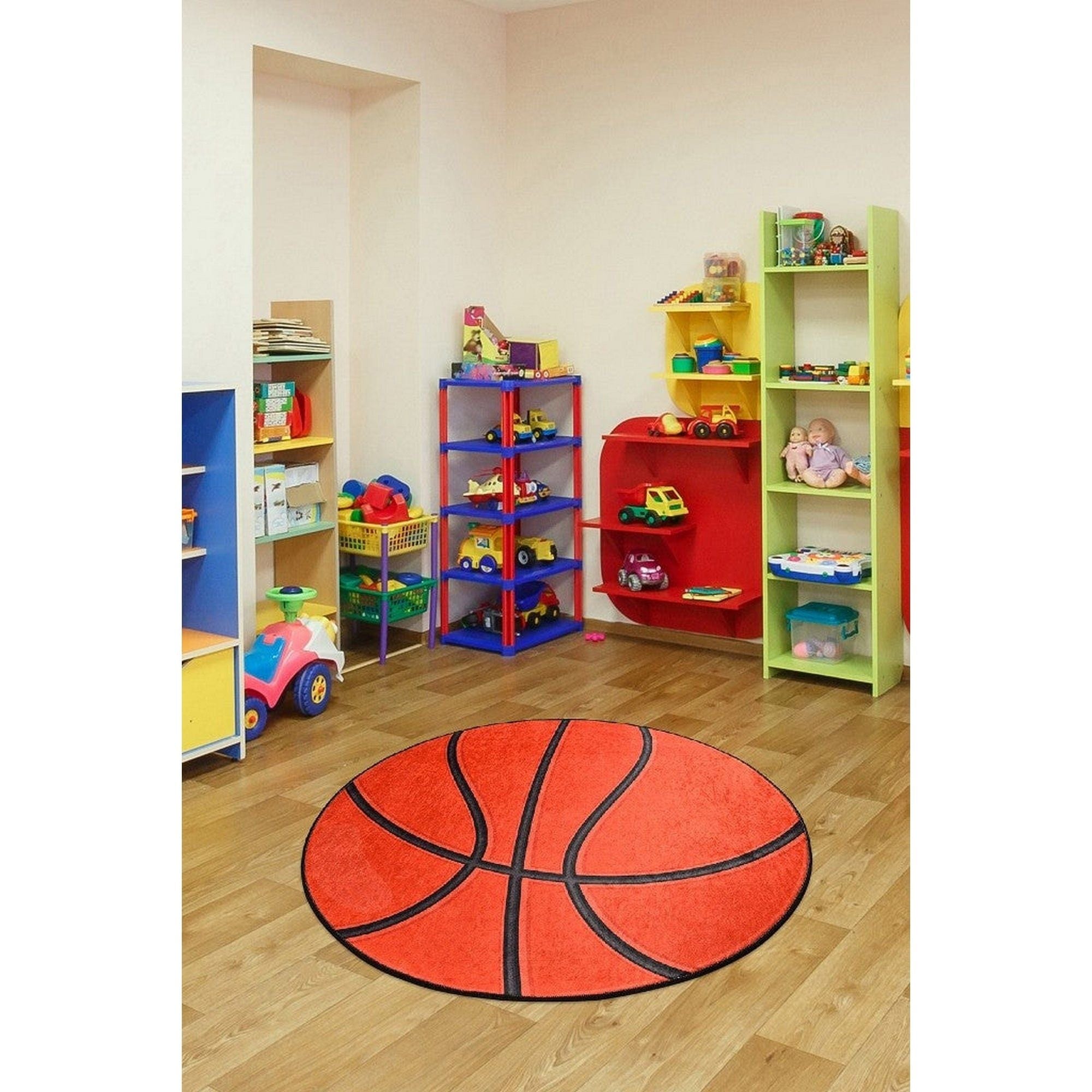 Covor BASKETBALL, 140x140 cm, forma rotunda, poliester/stofa catifelata, portocaliu