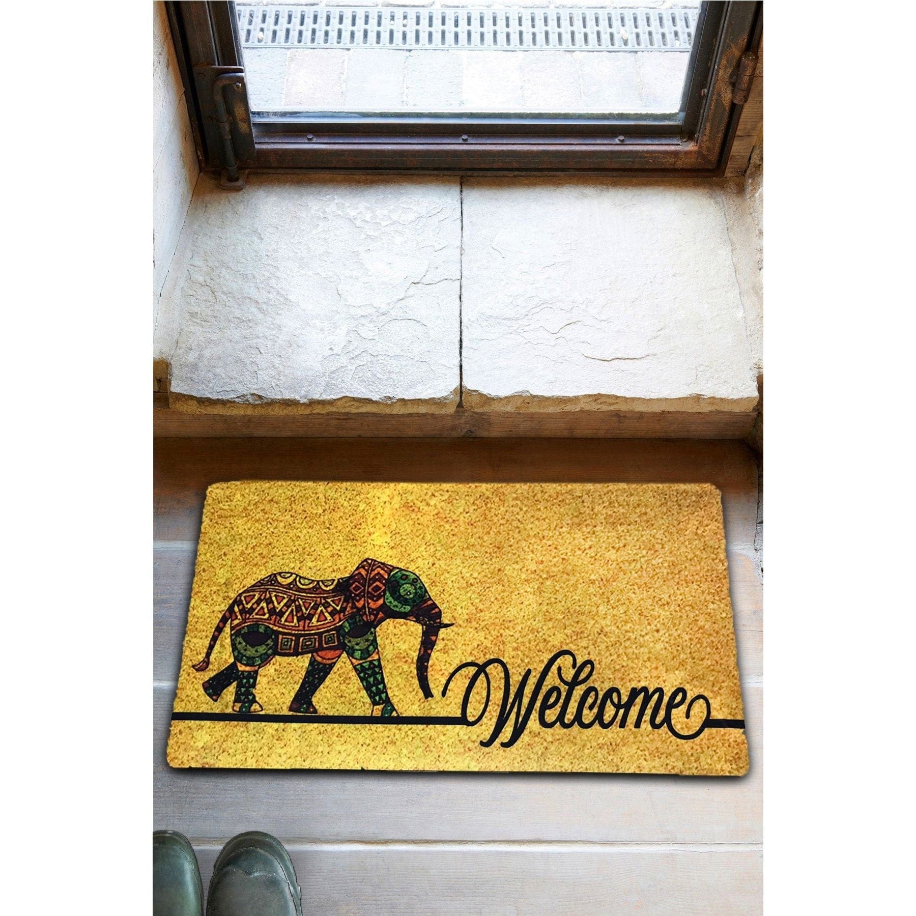 Covor de intrare galben cu elefant decorativ, ideal pentru holuri – primabucata