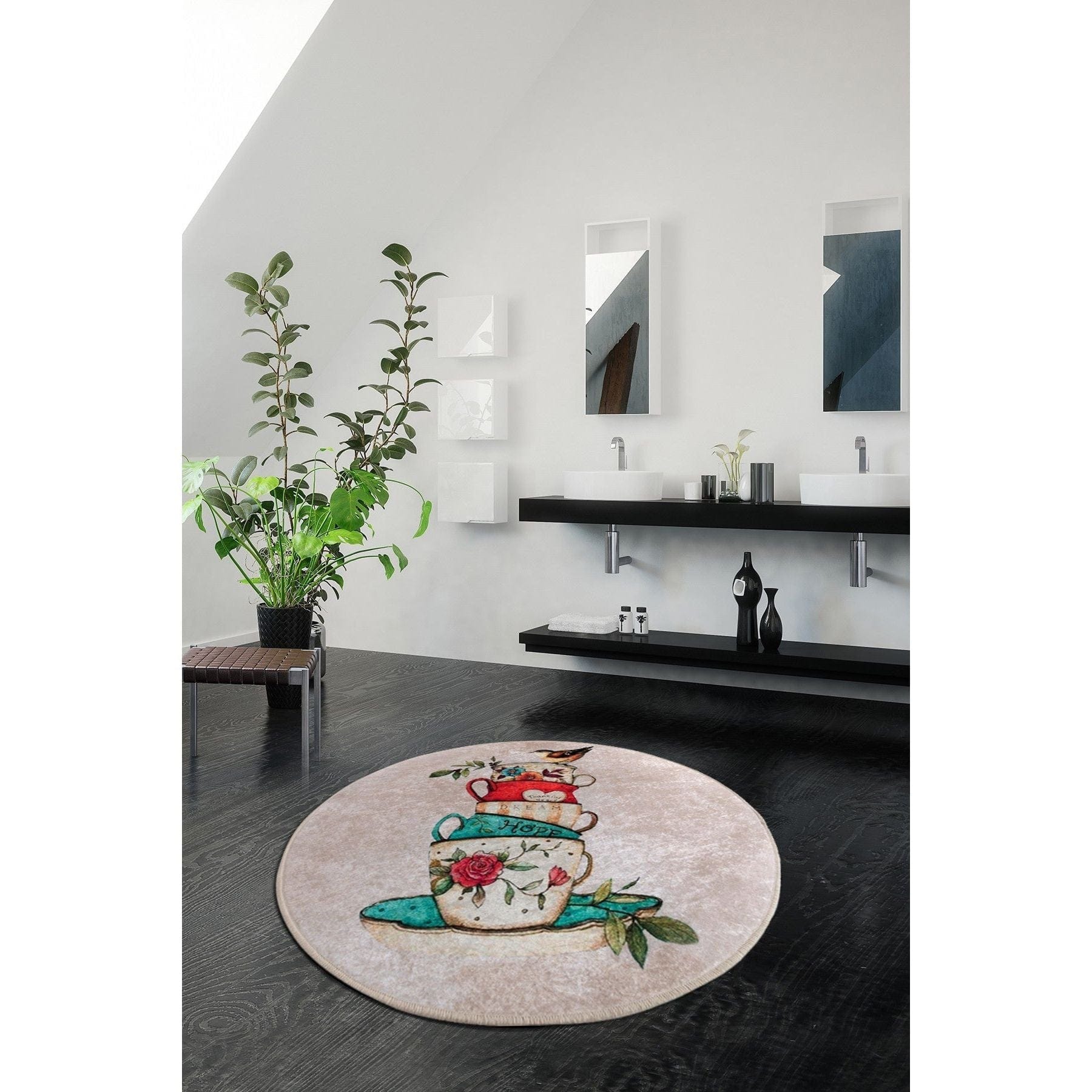 Covoras de baie CUP DJT, 100x100 cm, forma rotunda, multicolor, fibre sintetice