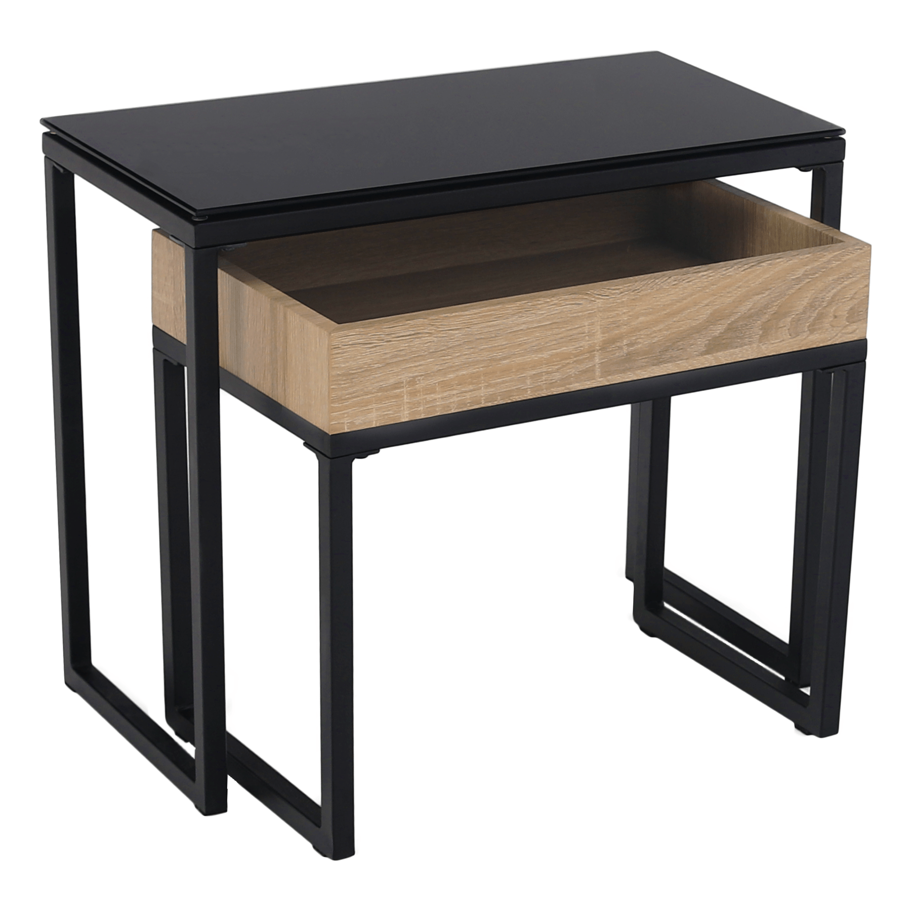 Set 2 masute DAGOR, stejar/negru, sticla/metal, 60x30x50 cm/ 50x27x44 cm