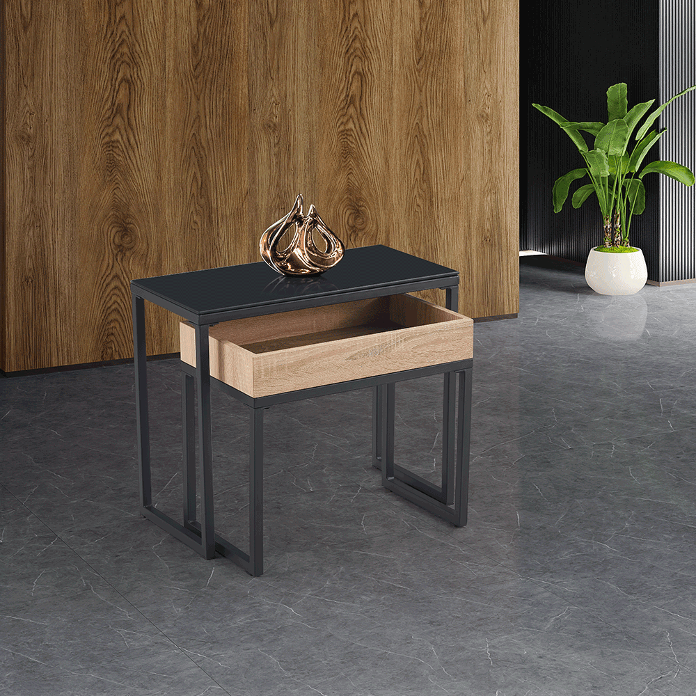 Set 2 masute DAGOR, stejar/negru, sticla/metal, 60x30x50 cm/ 50x27x44 cm