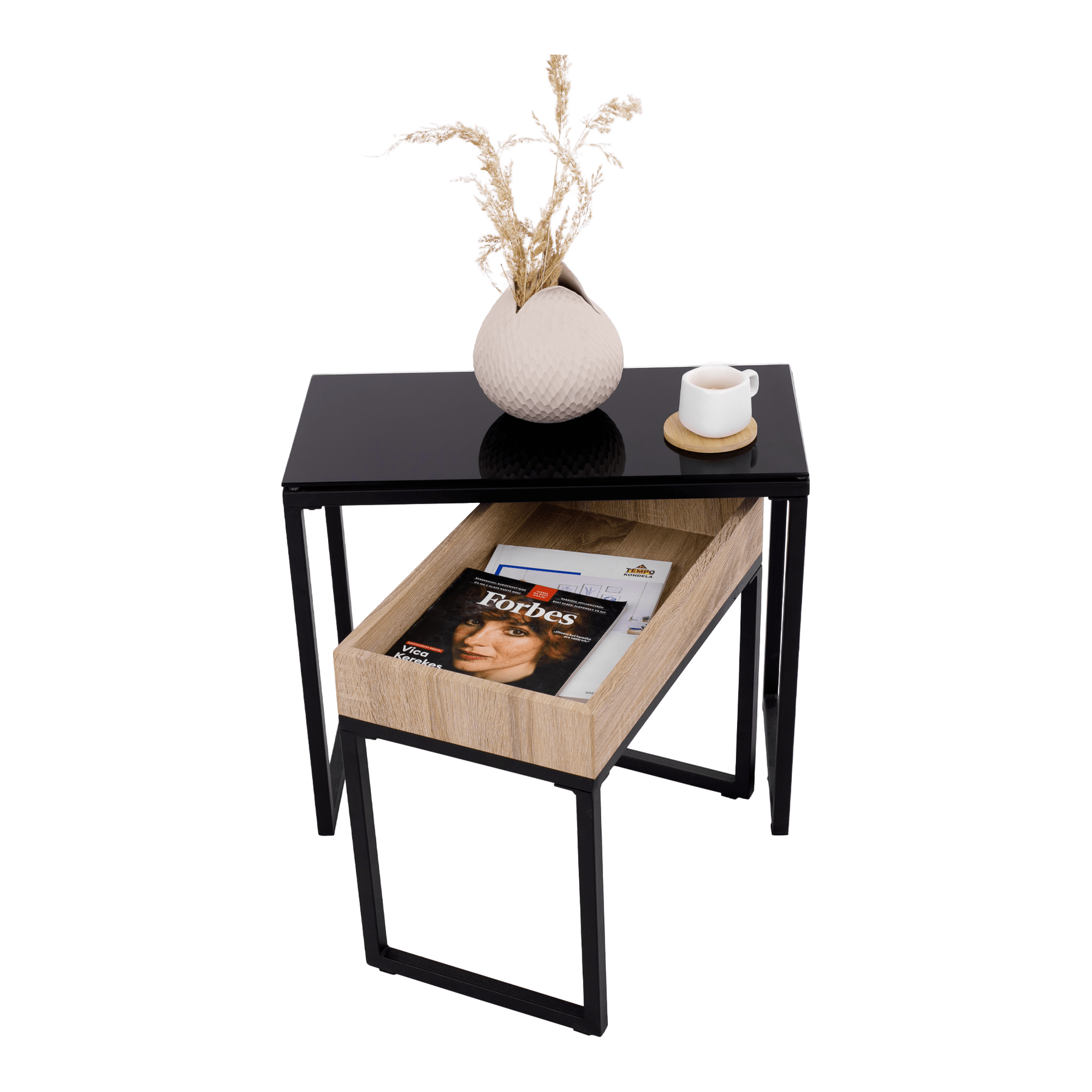 Set 2 masute DAGOR, stejar/negru, sticla/metal, 60x30x50 cm/ 50x27x44 cm