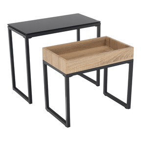 Set 2 masute DAGOR, stejar/negru, sticla/metal, 60x30x50 cm/ 50x27x44 cm