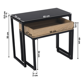 Set 2 masute DAGOR, stejar/negru, sticla/metal, 60x30x50 cm/ 50x27x44 cm