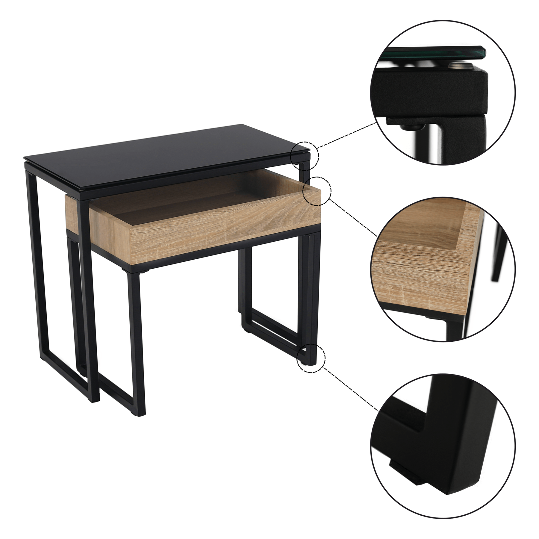 Set 2 masute DAGOR, stejar/negru, sticla/metal, 60x30x50 cm/ 50x27x44 cm