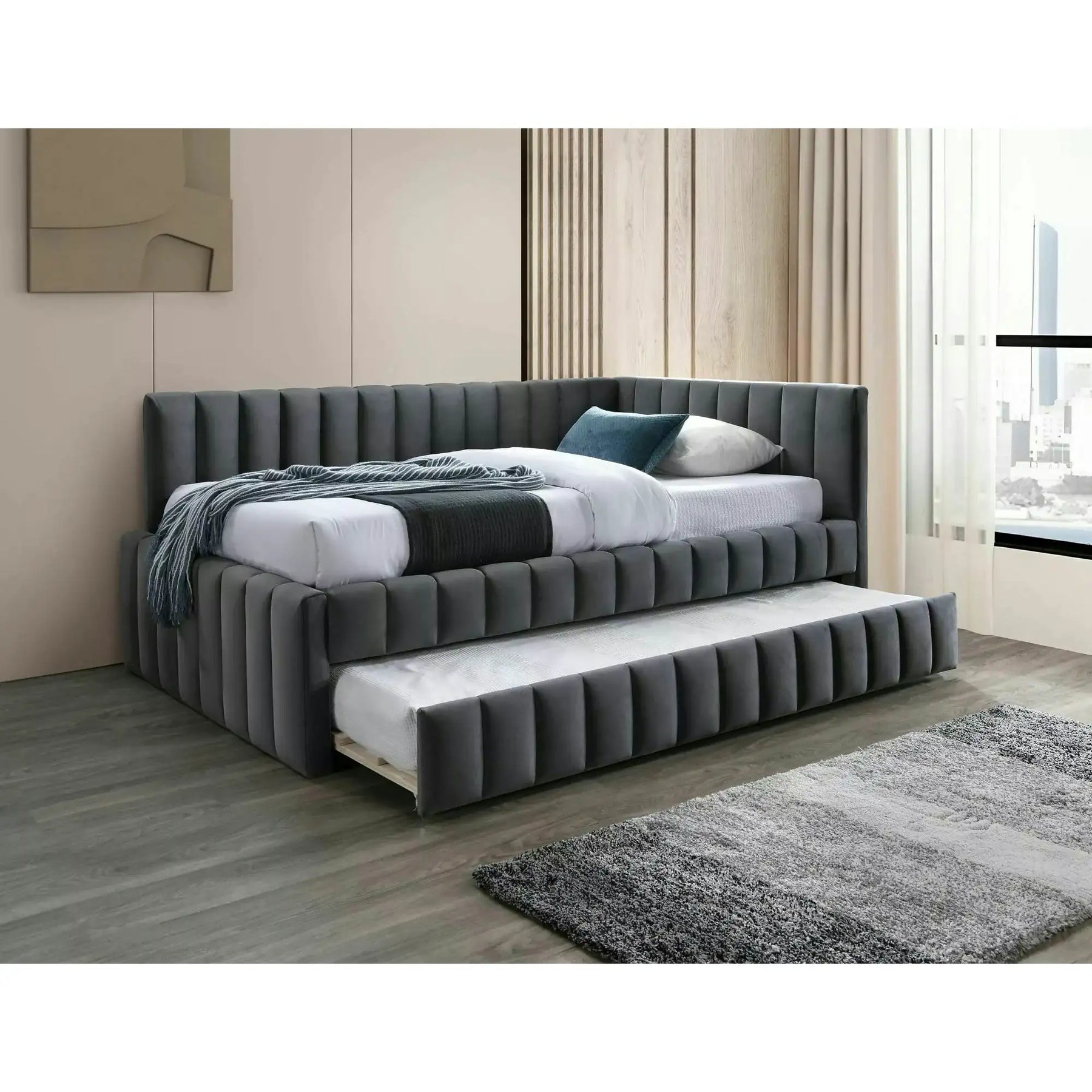Divan 120×200 ALFIE, stofă catifelata/lemn, gri - Bluvel 14, 133×216×95 cm