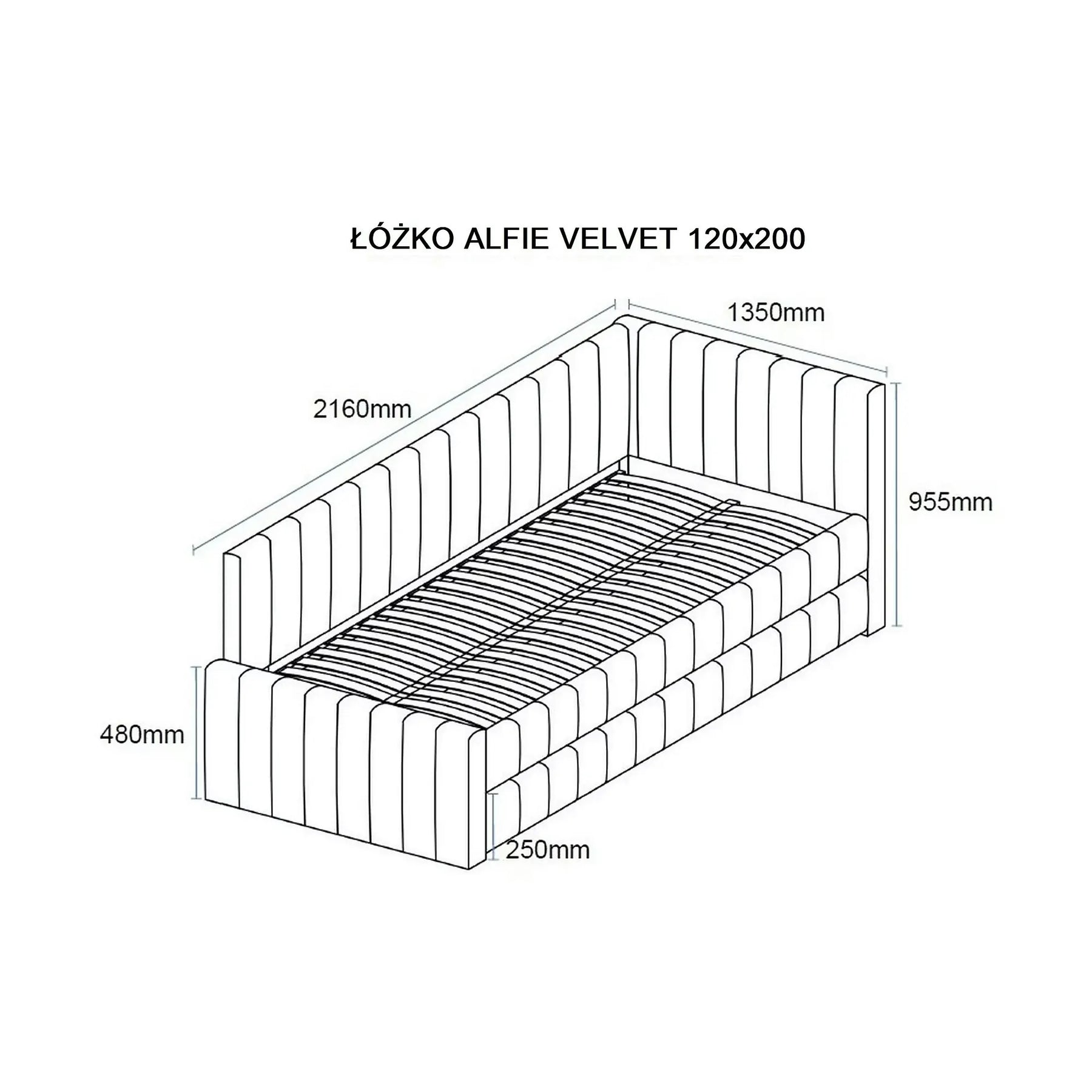 Divan 120×200 ALFIE, stofă catifelata/lemn, gri - Bluvel 14, 133×216×95 cm