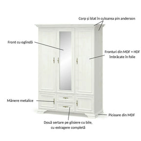 Dulap 5 usi IRYS, PAL laminat/MDF/HDF, pin alb anderson, 145×62×212 cm