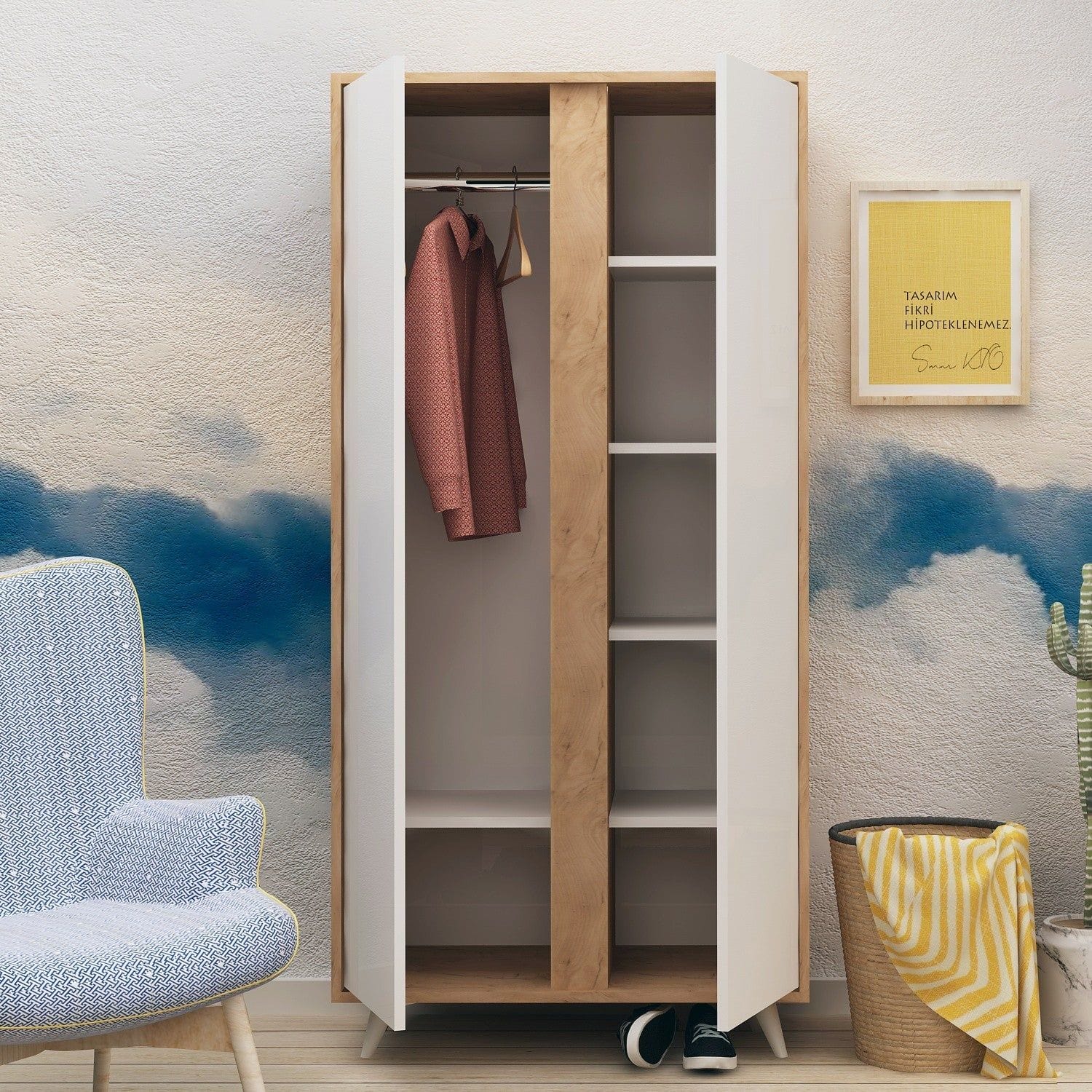 Dulap alb cu detalii din stejar, ideal pentru un living modern – primabucata