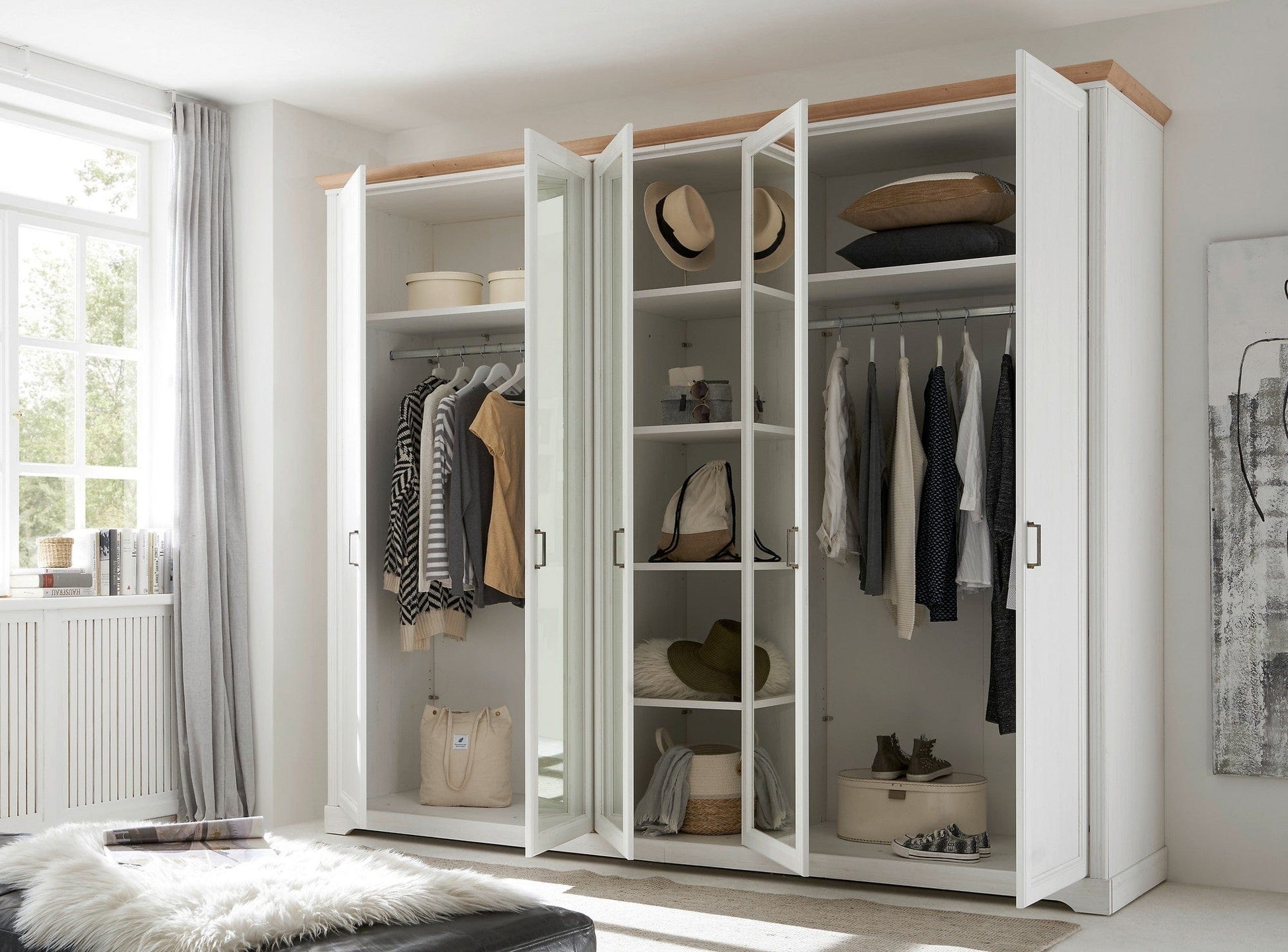 Dulap JASMIN, alb/stejar artisan, PAL, cu 5 usi, 264x64x220 cm