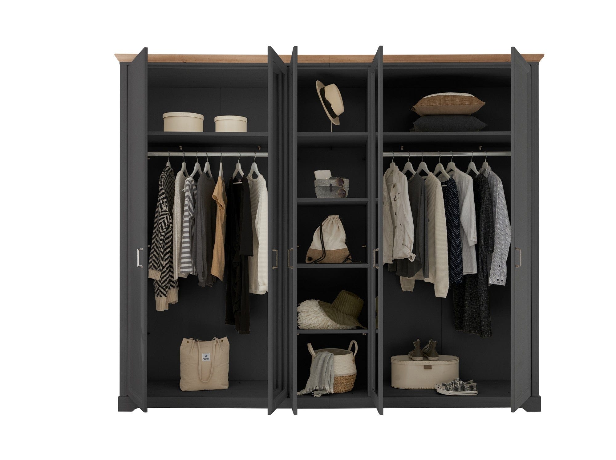 Dulap JASMIN, gri grafit/stejar artisan, PAL, cu 5 usi, 264x64x220 cm