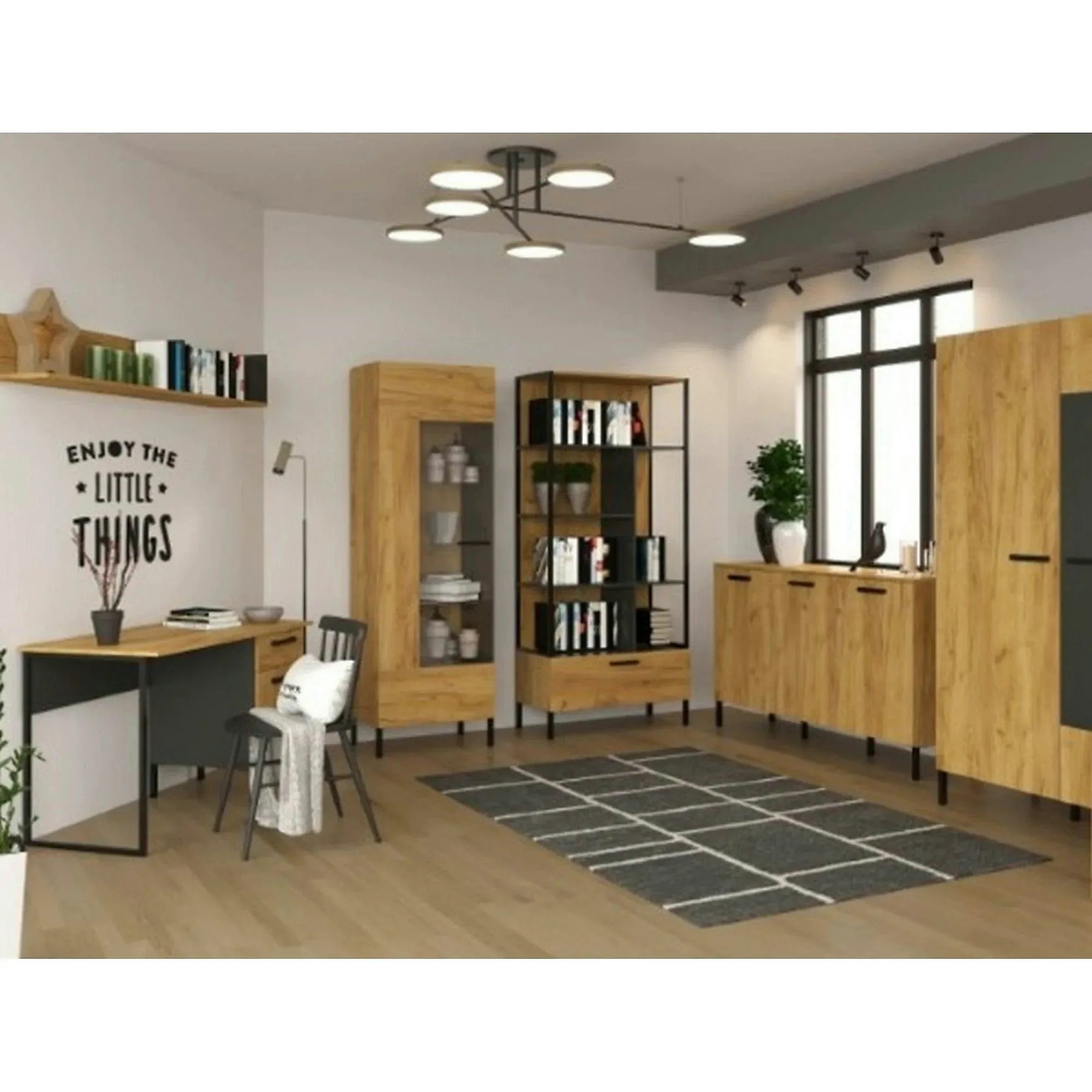 Dulap SANTES, PAL laminat, stejar artisan auriu/gri antracit, 90×60×198 cm