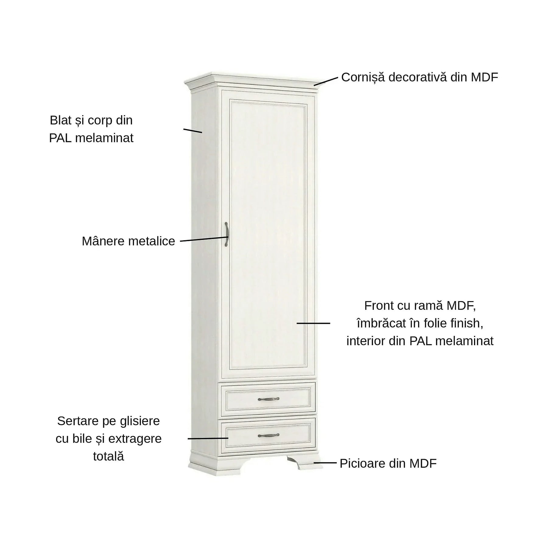 Dulap TIFFANY II, PAL laminat/MDF, grej, 69×40×212 cm