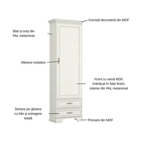 Dulap TIFFANY II, PAL laminat/MDF, grej, 69×40×212 cm