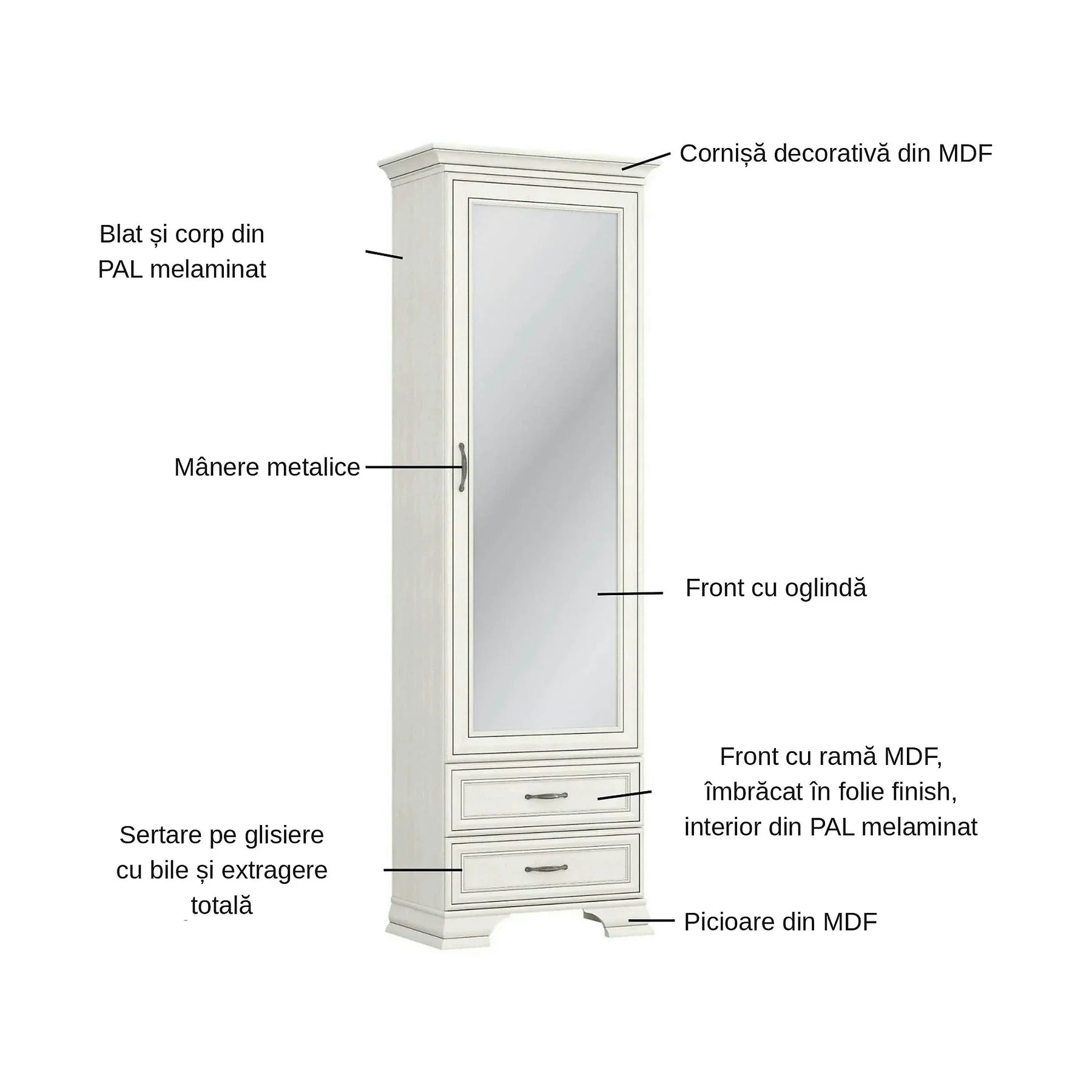 Dulap TIFFANY II, PAL laminat/MDF, grej, 69×40×212 cm