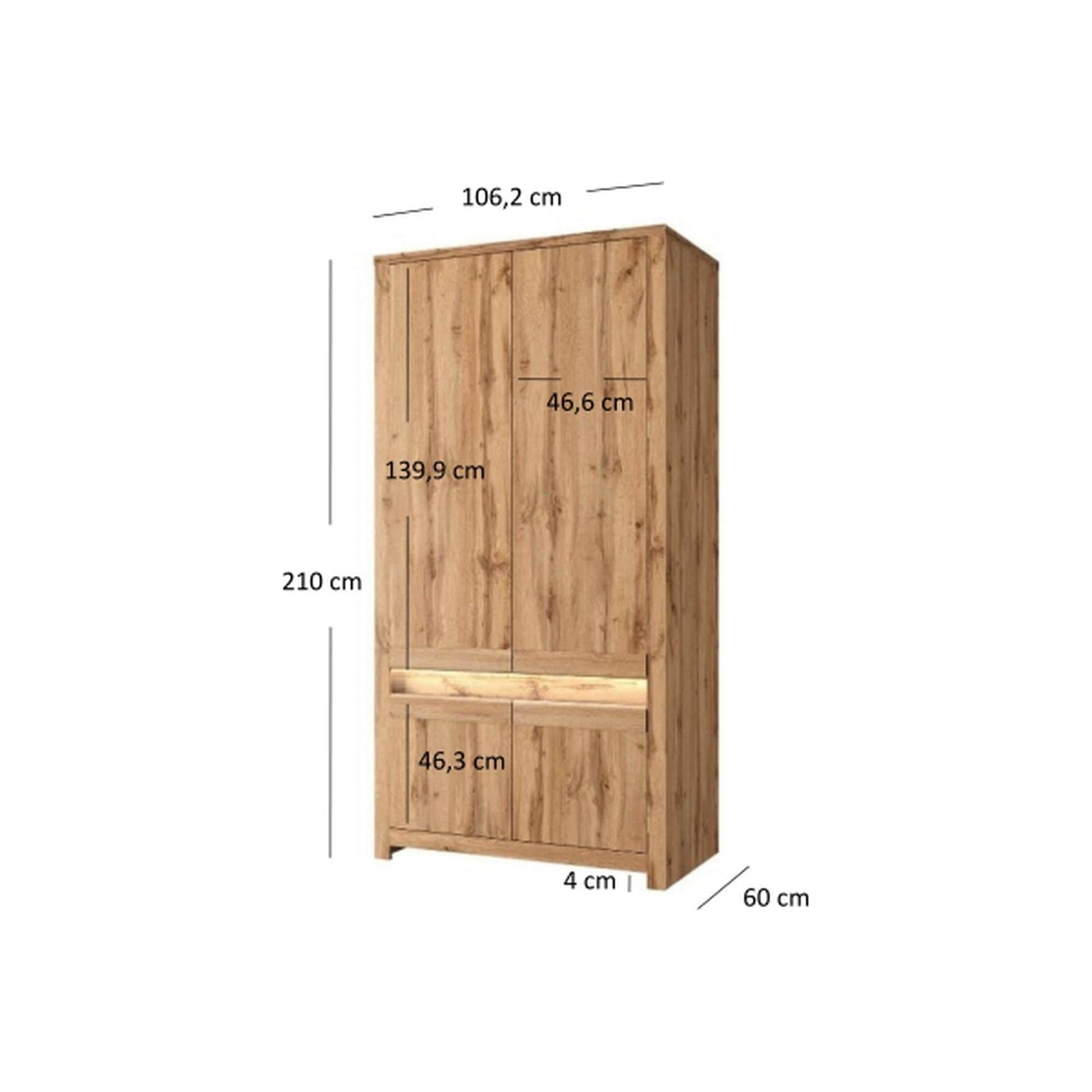 Dulap CLOVER, stejar wotan, PAL laminat, cu 4 usi, 106x60x210 cm