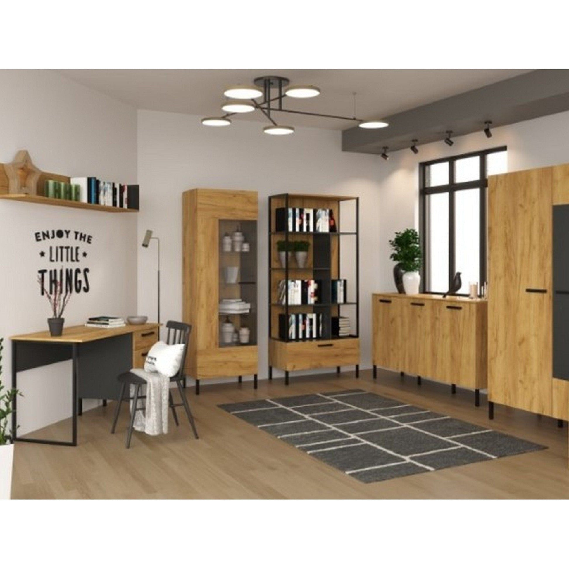 Dulap SANTES, stejar artisan auriu/gri antracit, PAL laminat, cu 2 usi, 90x60x198 cm