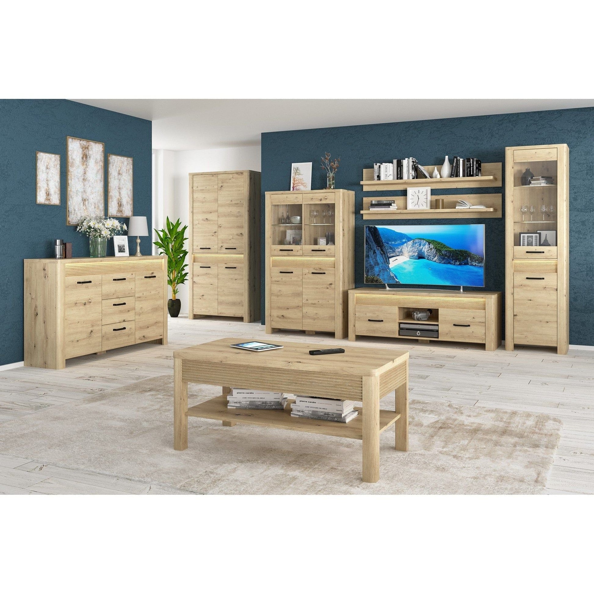 Dulap MORIS, stejar artisan, PAL laminat, cu 4 usi, cu iluminare LED, 96x60x200 cm