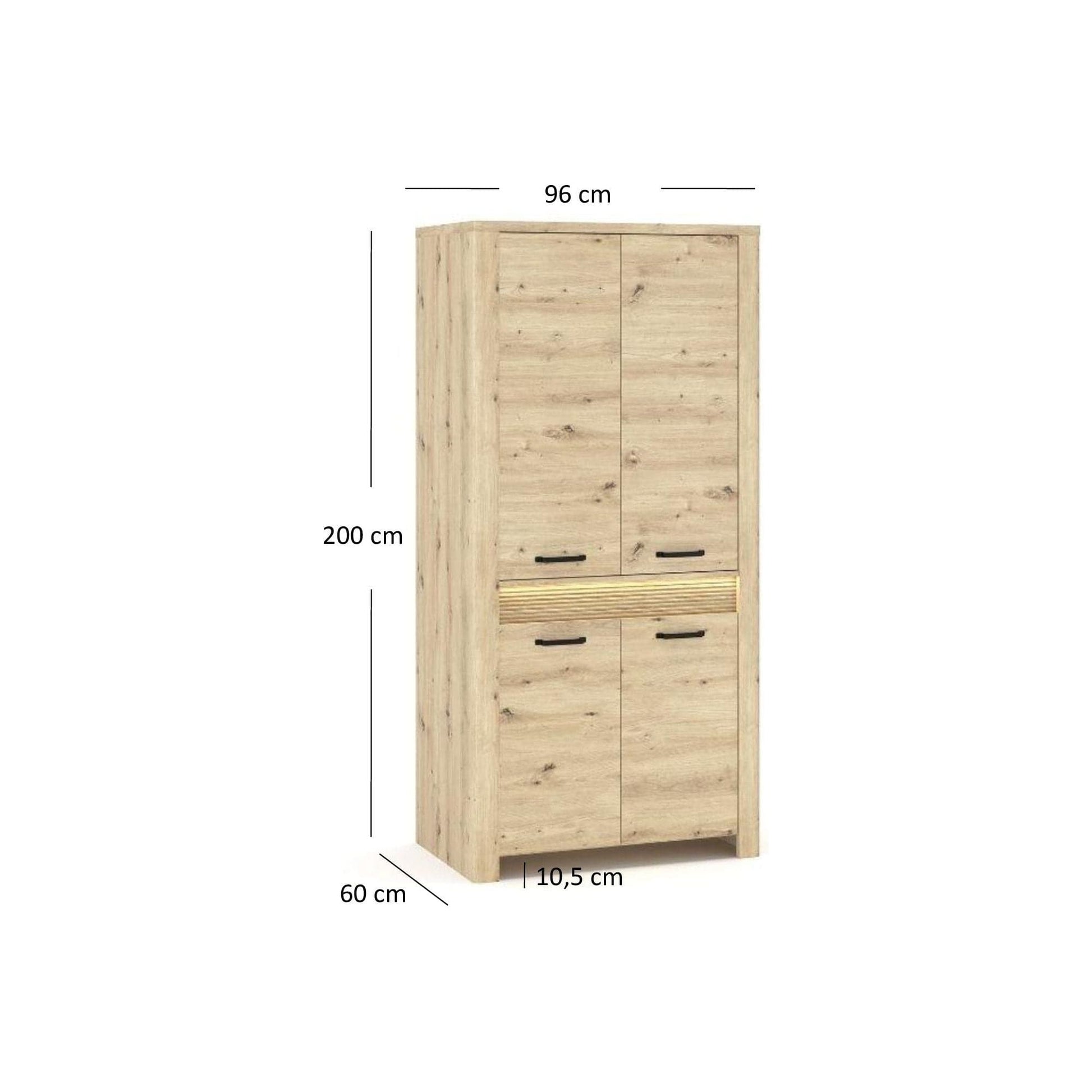 Dulap MORIS, stejar artisan, PAL laminat, cu 4 usi, cu iluminare LED, 96x60x200 cm