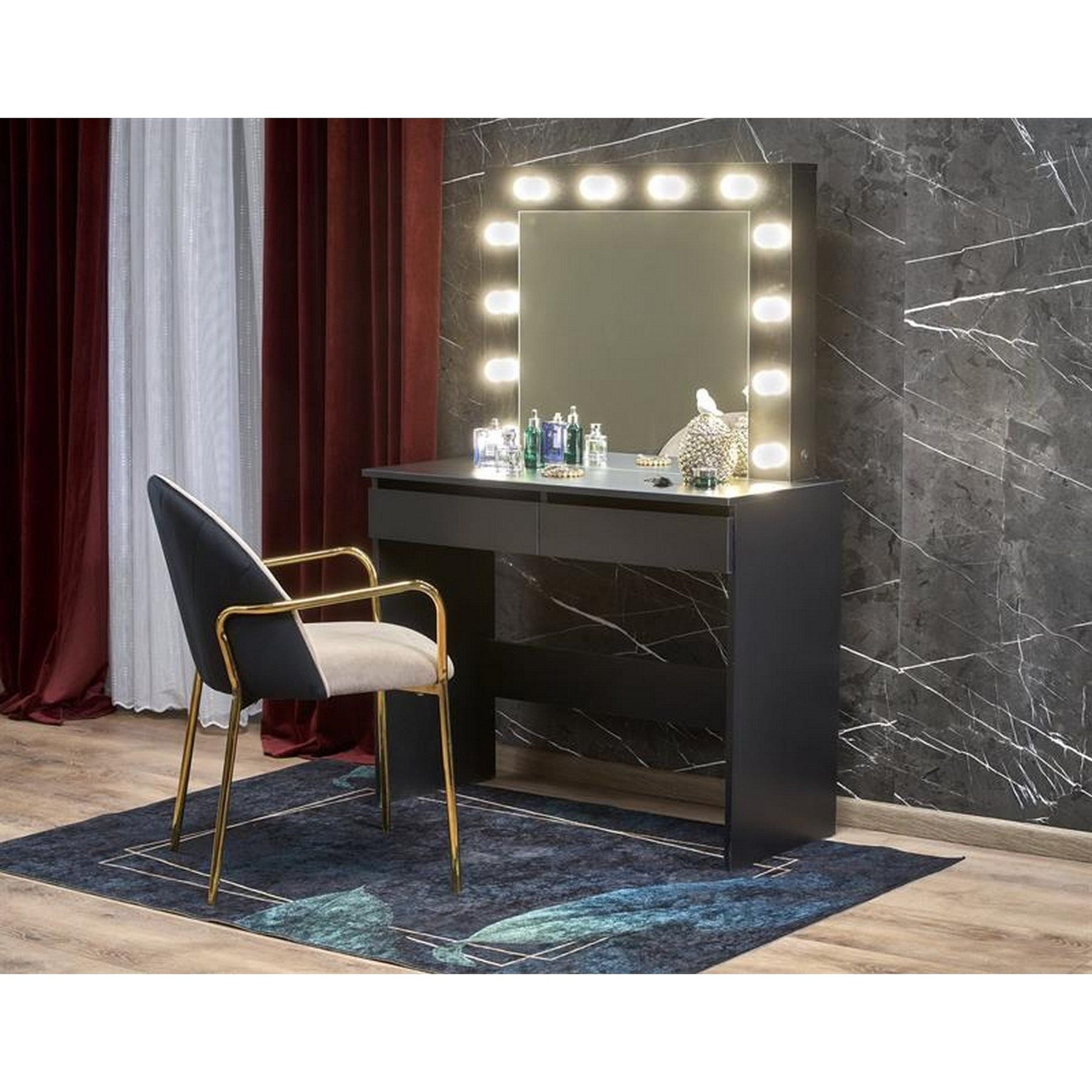 Masa de toaleta Hollywood, negru, iluminare led, oglinda, 94x43x140 cm