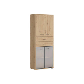 Vitrina SPACE OFFICE, stejar artisan/negru fumuriu, PAL laminat/sticla, cu 4 usi si 2 sertare, 80x38x203 cm