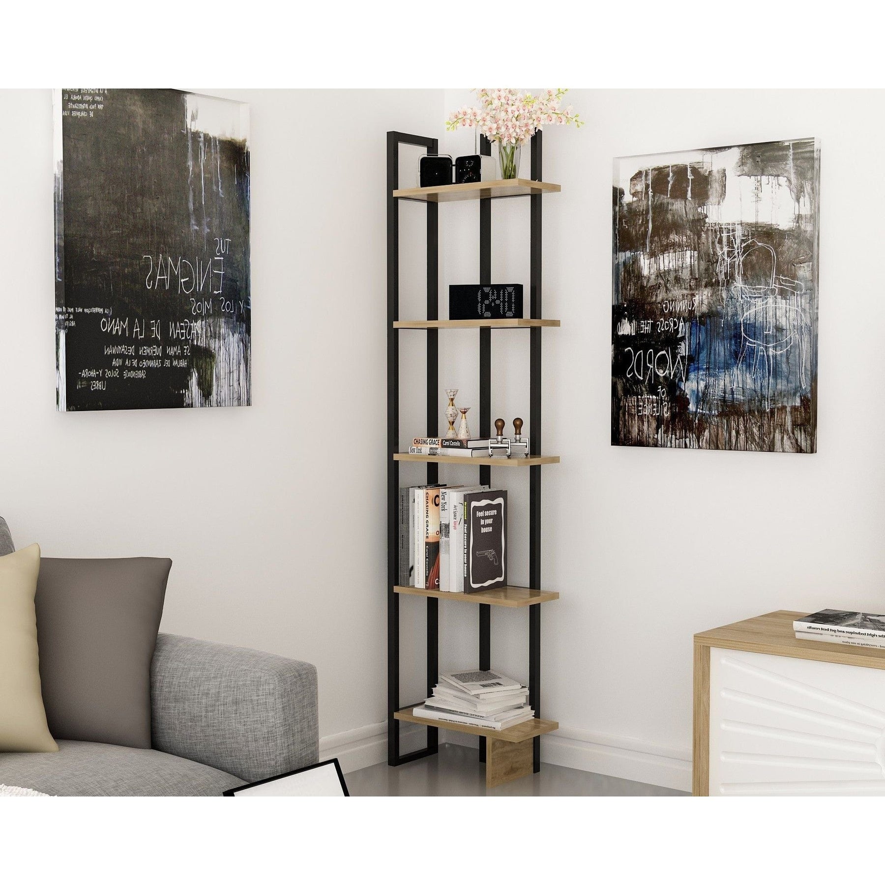 Etajeră modernă din nuc și negru într-un living elegant – primabucata