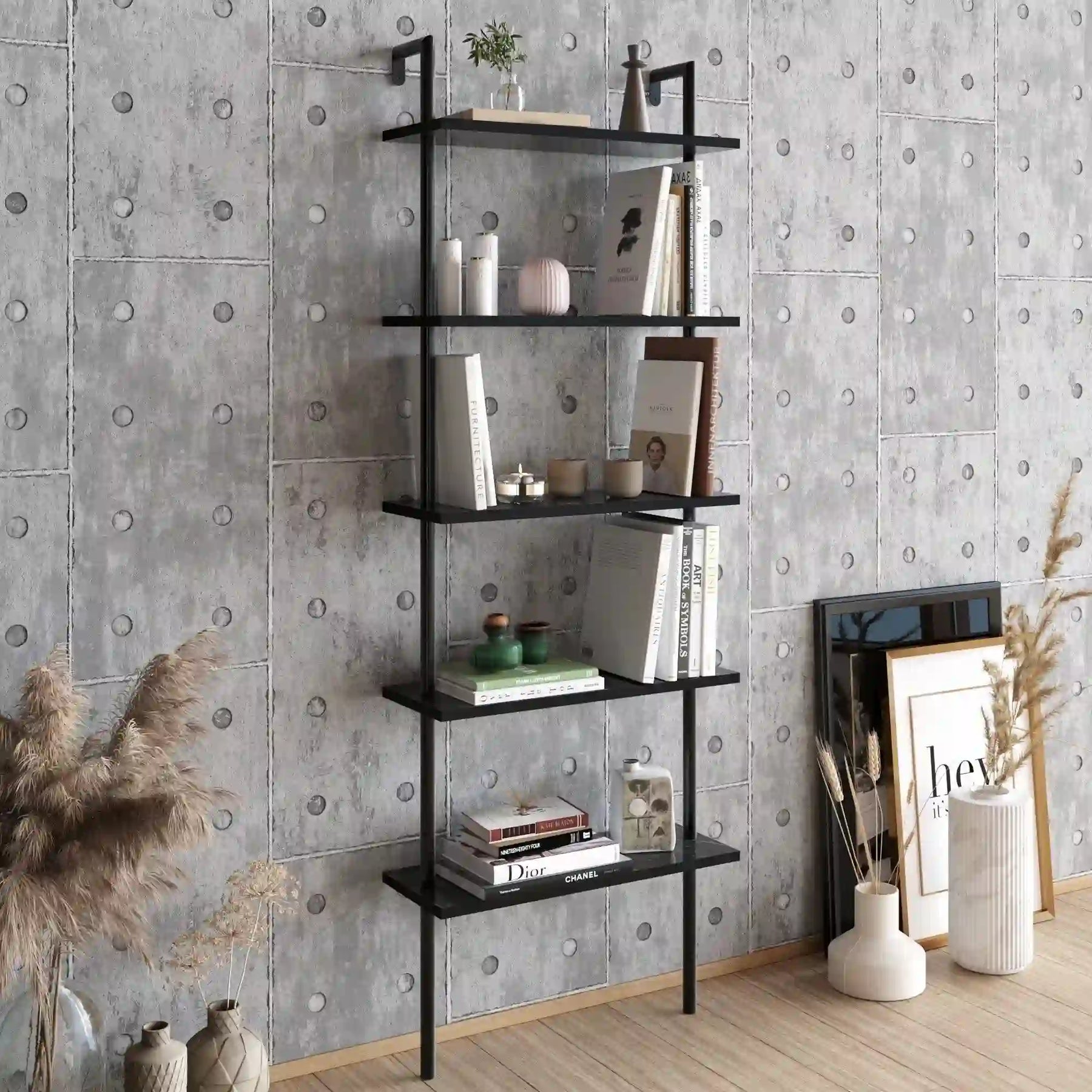 Etajeră neagră modernă, ideală pentru living, cu rafturi pentru cărți și decor – primabucata