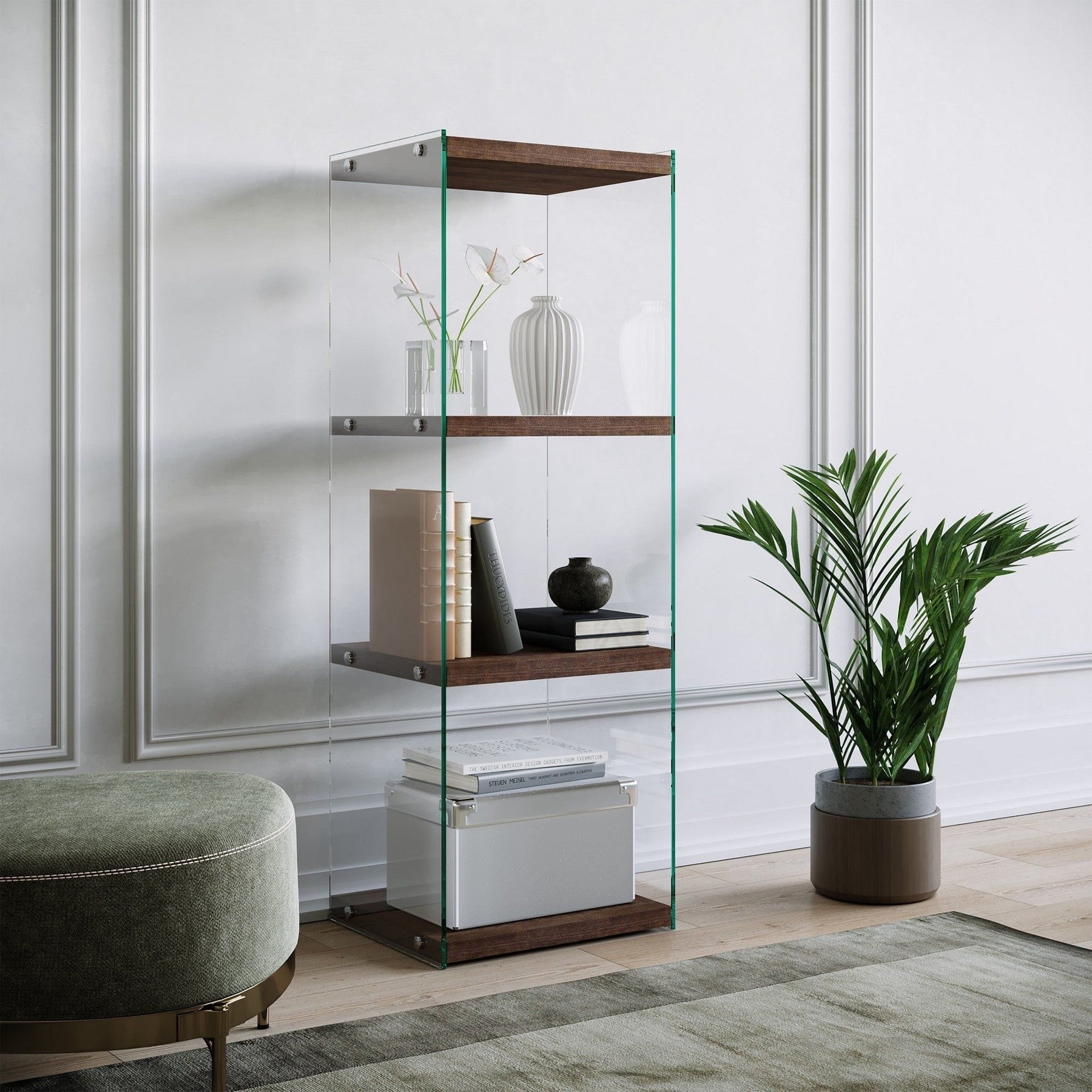 Etajeră din nuc și pin, cu design modern, în living elegant – primabucata