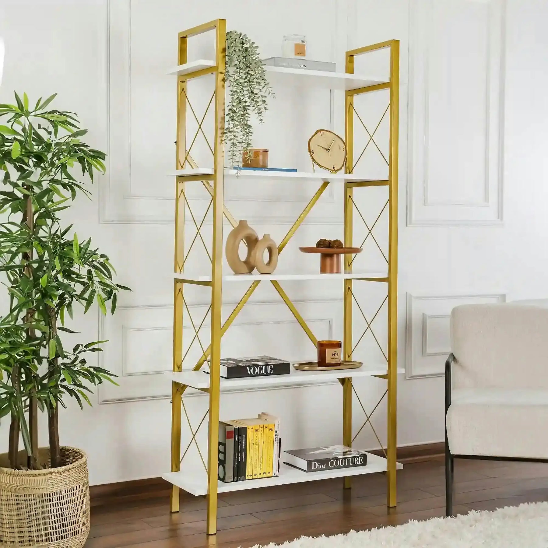 Etajera ELYSIAN, PAL melaminat/metal, alb/auriu, 90×33.5×180 cm