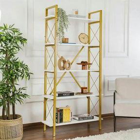 Etajera ELYSIAN, PAL melaminat/metal, alb/auriu, 90×33.5×180 cm