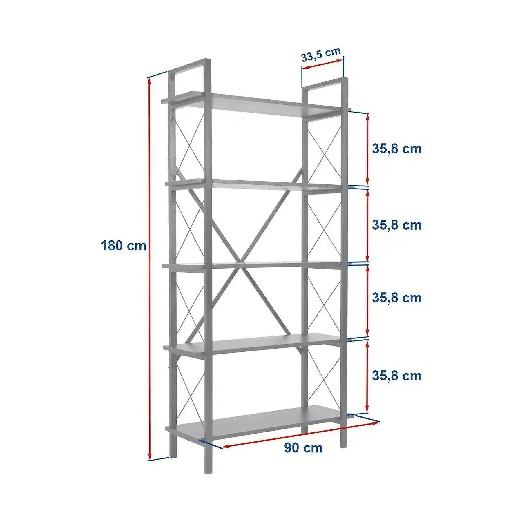 Etajera ELYSIAN, PAL melaminat/metal, alb/auriu, 90×33.5×180 cm