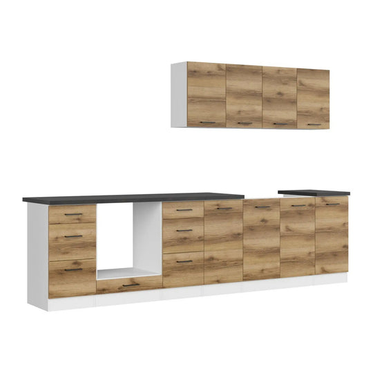 Set bucatarie JUNONA LINE, stejar delano/alb, PAL, 300 cm, cu blat negru