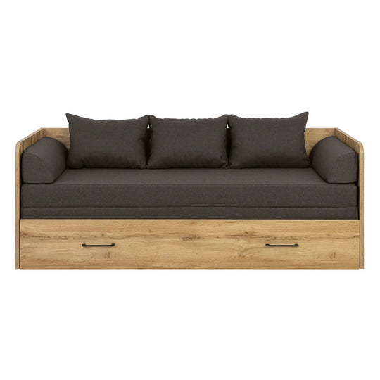 Pat TETRIX 80/160x200, stejar wotan/maro, PAL/stofa, cu saltea extensibila si spatiu depozitare