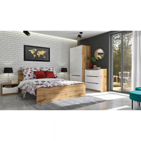 Dulap 90 NUIS, alb lucios/stejar wotan, PAL laminat, cu 4 usi, 90x58x198 cm