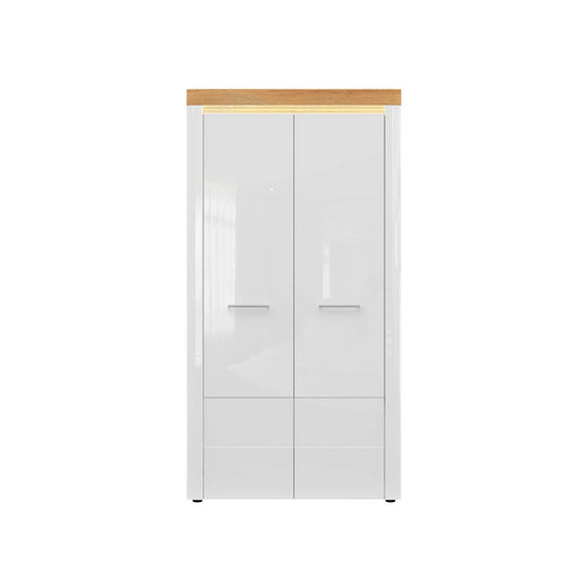 Dulap HORTON, alb lucios/stejar, PAL laminat, cu 2 usi, 107x56x205 cm