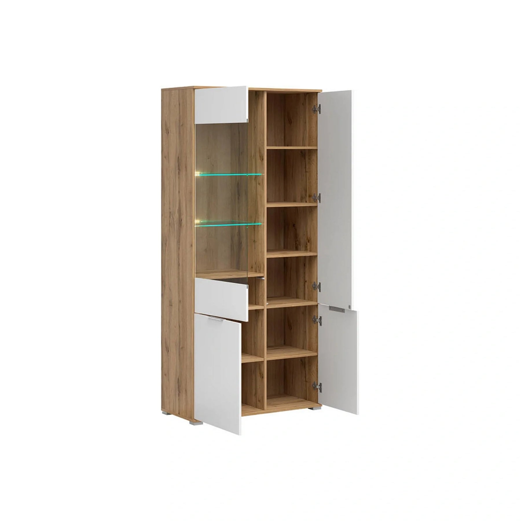 Vitrina ZELE, stejar wotan/alb lucios, PAL/sticla, 90x41x195 cm