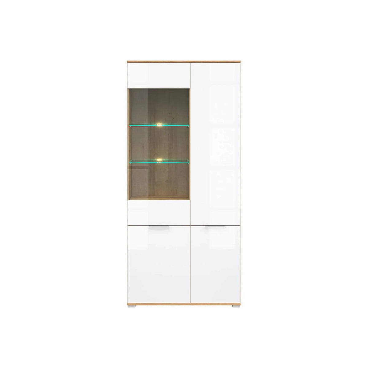 Vitrina ZELE, stejar wotan/alb lucios, PAL/sticla, 90x41x195 cm