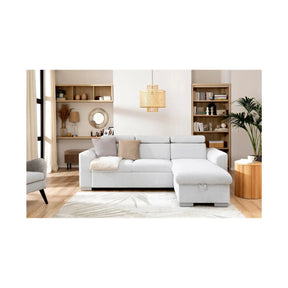 Coltar extensibil EVIA, universal, stofa clasica gri deschis - Sorella 01, cu lada depozitare, 243x186x98 cm