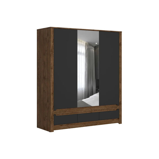 Dulap RUSO, negru mat/stejar, PAL laminat, cu 3 usi si 3 sertare, cu oglinda, 179x61x205 cm