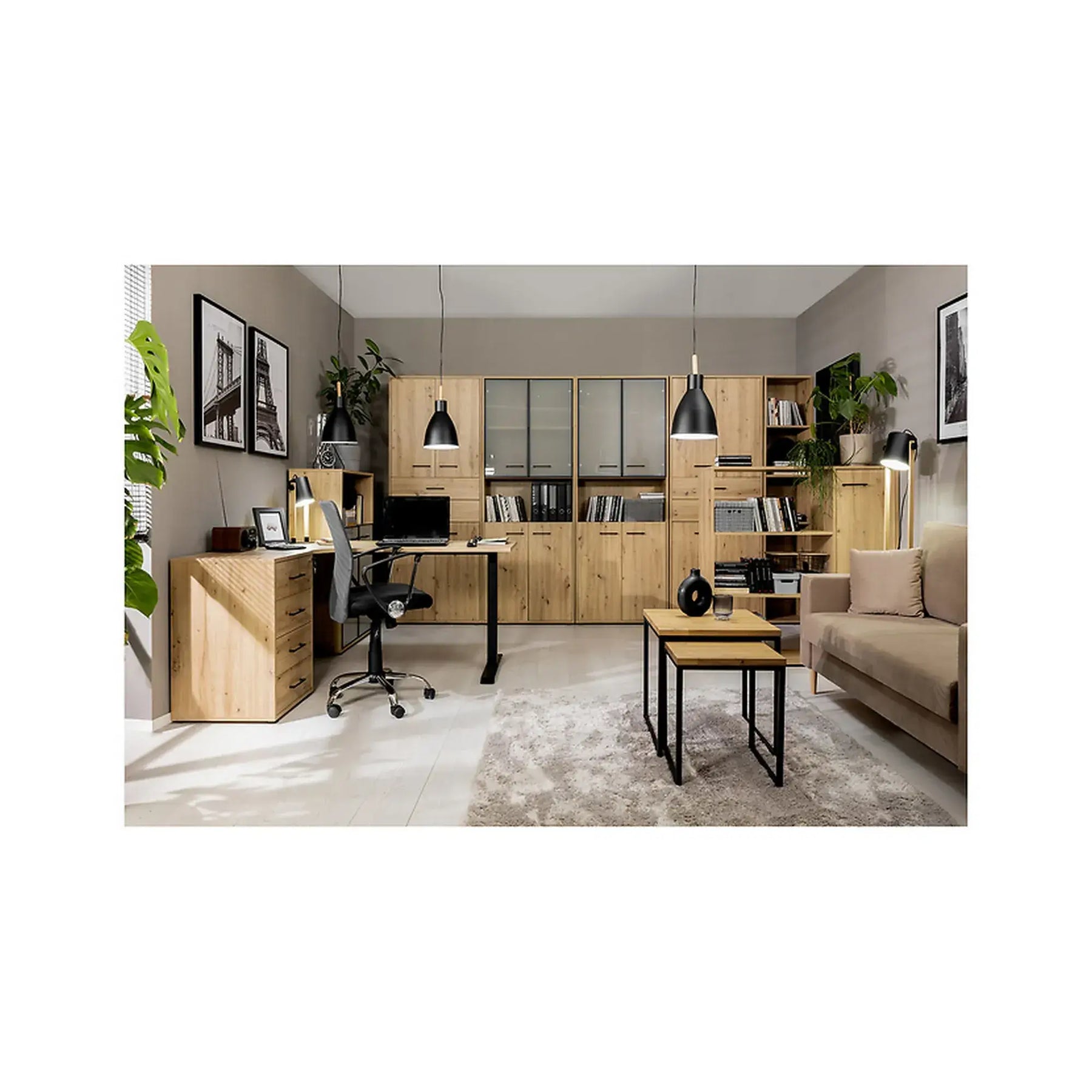 Dulap SPACE OFFICE, stejar artisan, PAL laminat, cu 4 usi si 2 sertare, 80x37x203 cm