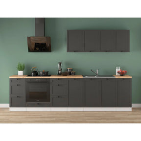 Set bucatarie JUNONA LINE, gri grafit/alb, PAL, 300 cm, cu blat stejar artisan