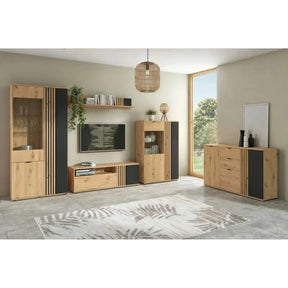 Vitrina VABRES, stejar artisan/negru mat, PAL laminat/sticla, 91x40x196 cm