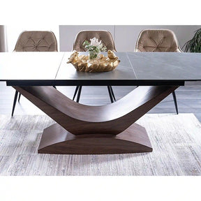 Masa extensibila DOLCE, sticla/ceramica, gri mat/nuc, 180-240x95x76 cm