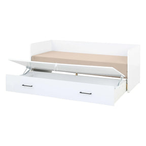 Pat TETRIX 80/160x200, alb/bej, PAL/stofa, cu saltea extensibila si spatiu depozitare