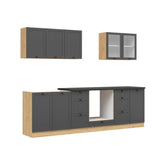 Set bucatarie JUNONA LINE, gri grafit/stejar, PAL, 260 cm, cu blat negru